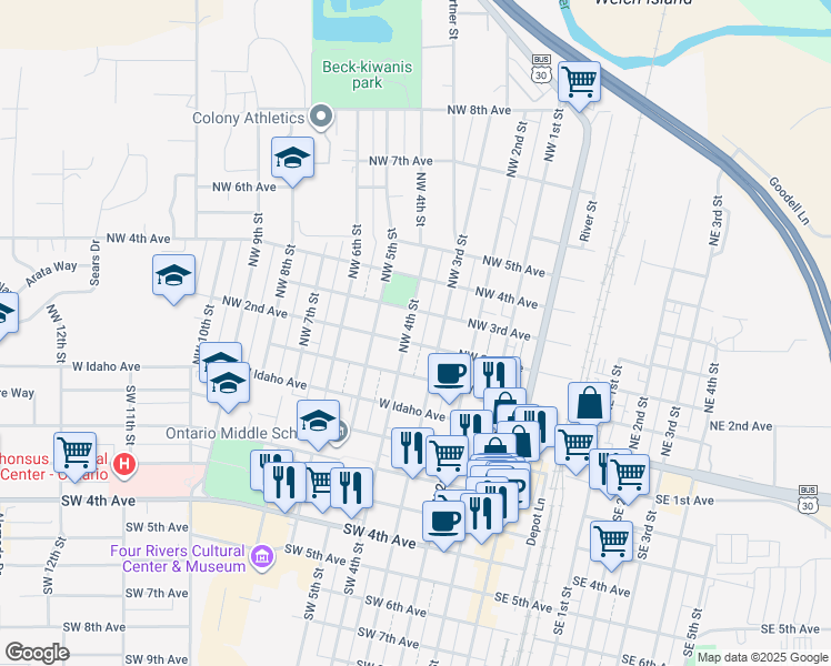 map of restaurants, bars, coffee shops, grocery stores, and more near 389 Northwest 2nd Avenue in Ontario