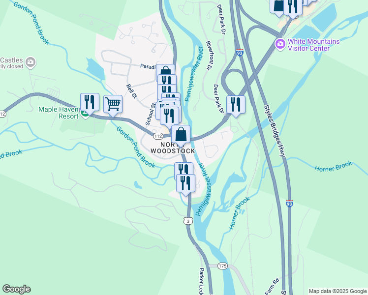 map of restaurants, bars, coffee shops, grocery stores, and more near 68 Main Street in Woodstock