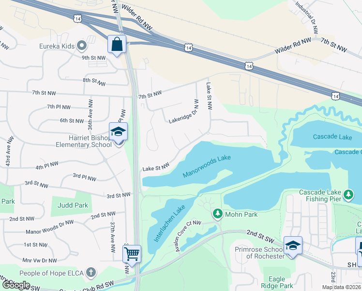 map of restaurants, bars, coffee shops, grocery stores, and more near 3269 Lake Street Northwest in Rochester