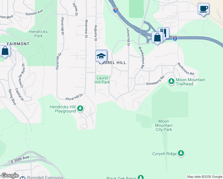 map of restaurants, bars, coffee shops, grocery stores, and more near 2683 Moon Mountain Drive in Eugene
