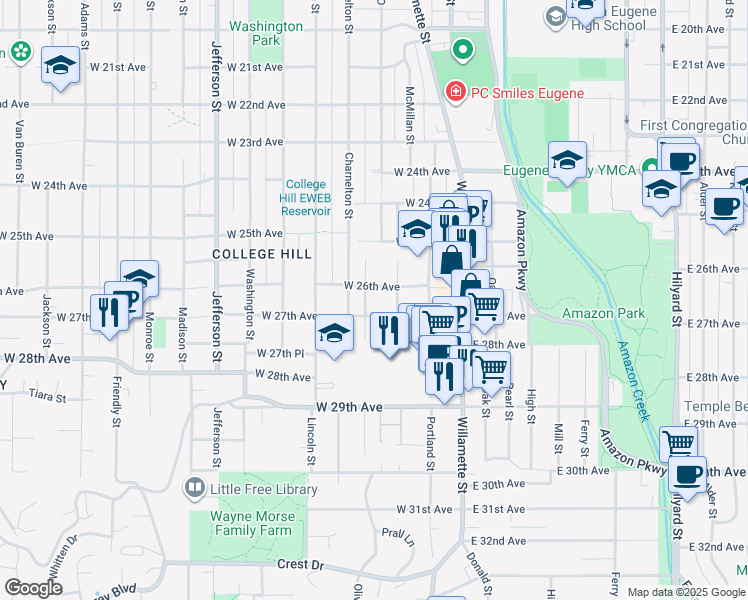 map of restaurants, bars, coffee shops, grocery stores, and more near 2655 Olive Street in Eugene
