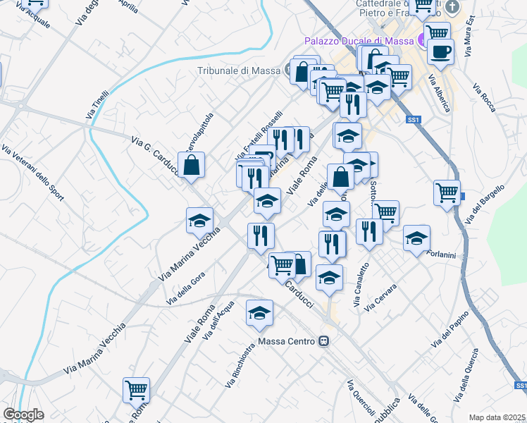 map of restaurants, bars, coffee shops, grocery stores, and more near 1 Via Poggioletto in Massa