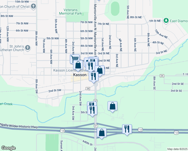 map of restaurants, bars, coffee shops, grocery stores, and more near 12 West Main Street in Kasson