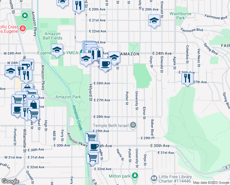 map of restaurants, bars, coffee shops, grocery stores, and more near 2654 Harris Street in Eugene