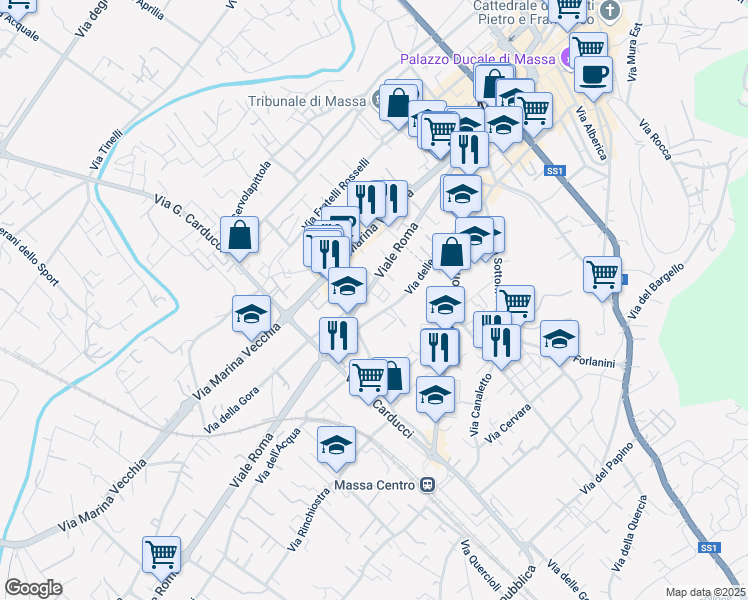 map of restaurants, bars, coffee shops, grocery stores, and more near 73 Viale Roma in Massa