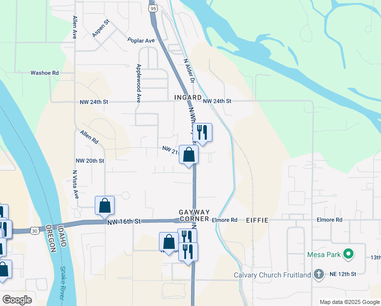 map of restaurants, bars, coffee shops, grocery stores, and more near 2199 North Whitley Drive in Fruitland