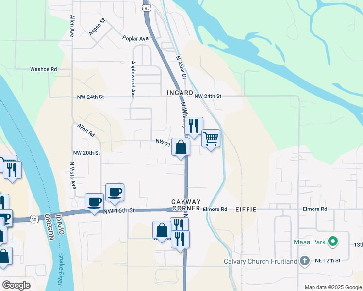 map of restaurants, bars, coffee shops, grocery stores, and more near 2199 North Whitley Drive in Fruitland
