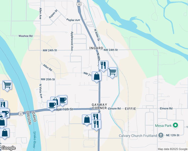 map of restaurants, bars, coffee shops, grocery stores, and more near 888 Northwest 21st Street in Fruitland