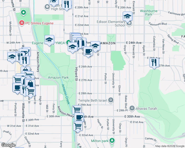 map of restaurants, bars, coffee shops, grocery stores, and more near 2654 Harris Street in Eugene
