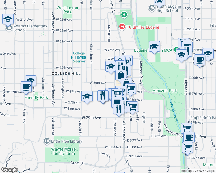 map of restaurants, bars, coffee shops, grocery stores, and more near 2651 McMillan Street in Eugene