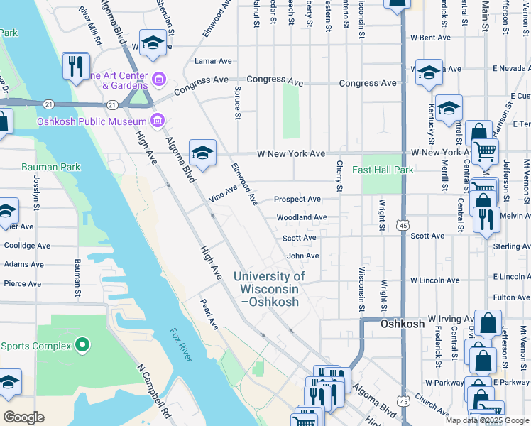 map of restaurants, bars, coffee shops, grocery stores, and more near 942 Elmwood Avenue in Oshkosh