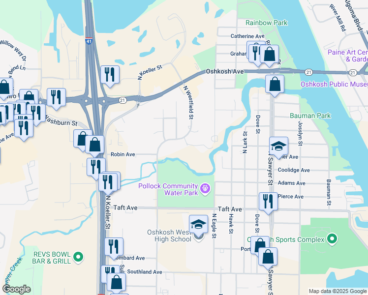 map of restaurants, bars, coffee shops, grocery stores, and more near 1010 North Westfield Street in Oshkosh