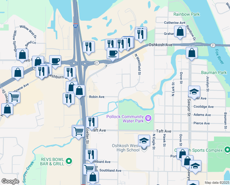 map of restaurants, bars, coffee shops, grocery stores, and more near 1780 Robin Avenue in Oshkosh