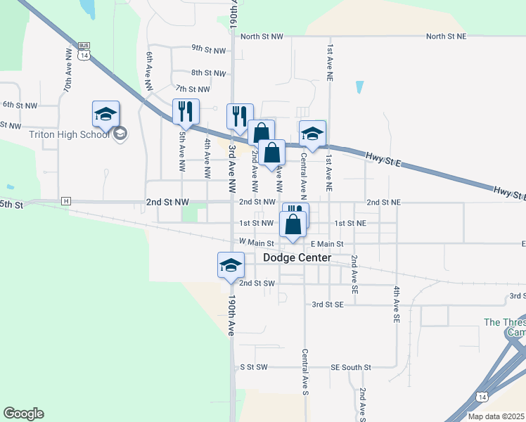 map of restaurants, bars, coffee shops, grocery stores, and more near 104 1st Street Northwest in Dodge Center