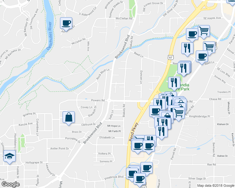 map of restaurants, bars, coffee shops, grocery stores, and more near 61398 Sunbrook Drive in Bend