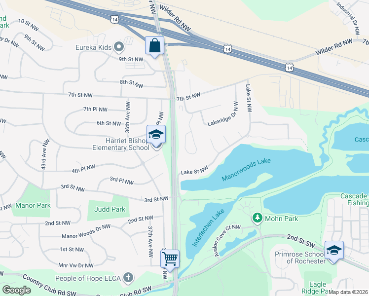 map of restaurants, bars, coffee shops, grocery stores, and more near 516 Panorama Circle Northwest in Rochester