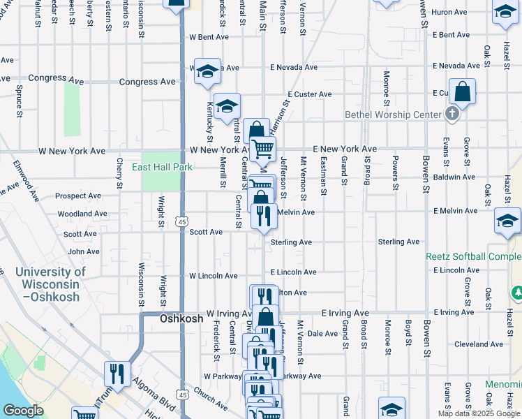 map of restaurants, bars, coffee shops, grocery stores, and more near 1001 North Main Street in Oshkosh
