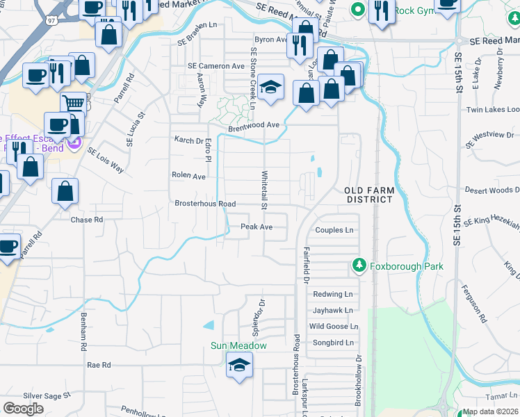 map of restaurants, bars, coffee shops, grocery stores, and more near 61399 Whitetail Street in Bend
