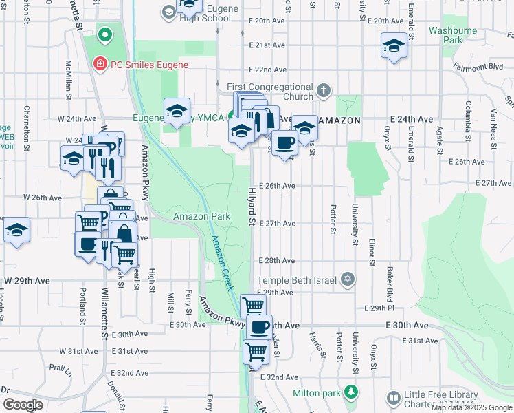 map of restaurants, bars, coffee shops, grocery stores, and more near 2653 Hilyard Street in Eugene