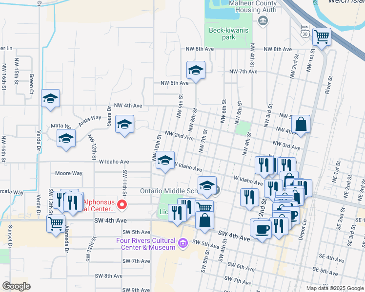 map of restaurants, bars, coffee shops, grocery stores, and more near 135 Northwest 8th Street in Ontario