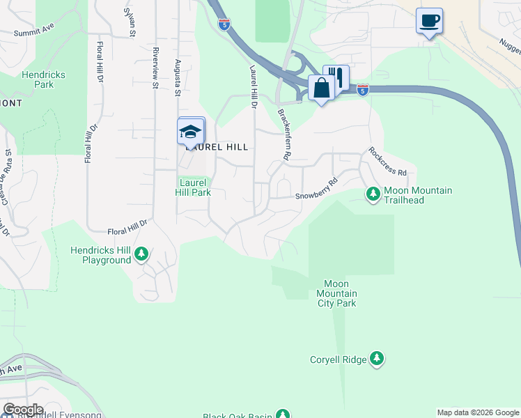 map of restaurants, bars, coffee shops, grocery stores, and more near 3409 Snowberry Road in Eugene