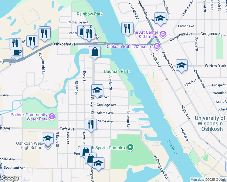 map of restaurants, bars, coffee shops, grocery stores, and more near 1051 Van Buren Avenue in Oshkosh