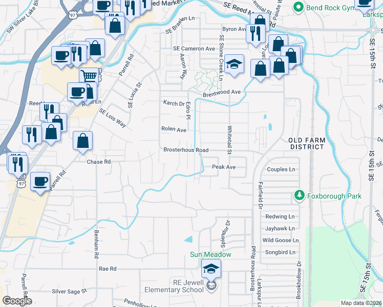 map of restaurants, bars, coffee shops, grocery stores, and more near 61394 Franke Lane in Bend