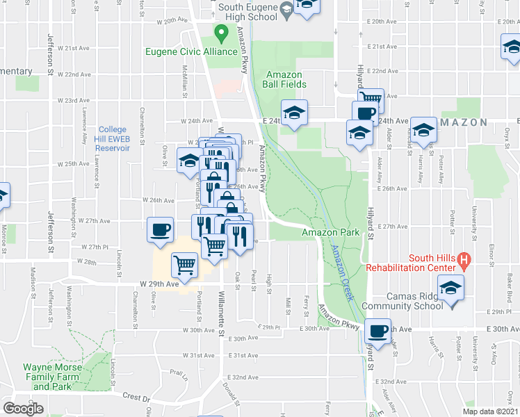map of restaurants, bars, coffee shops, grocery stores, and more near 2663 High Street in Eugene