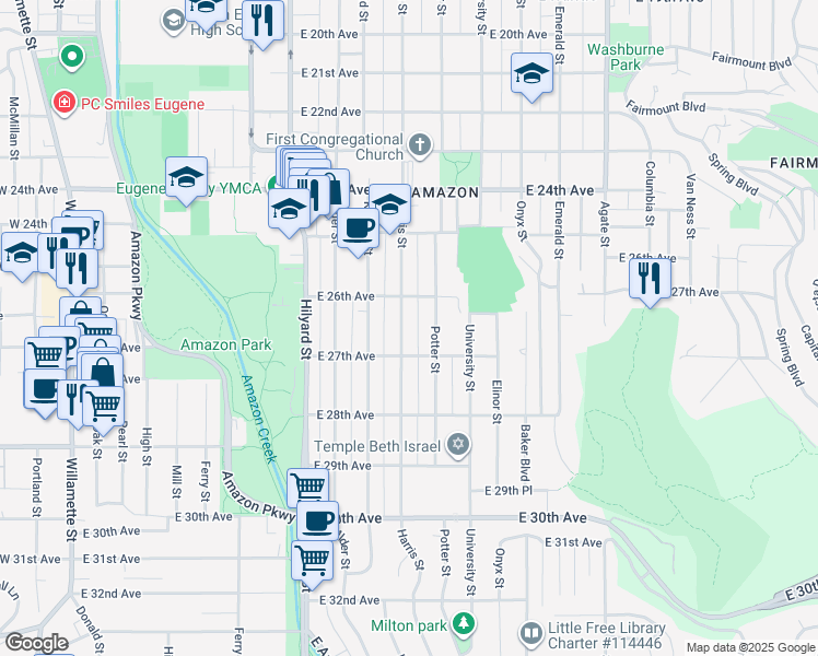 map of restaurants, bars, coffee shops, grocery stores, and more near 2655 Harris Street in Eugene