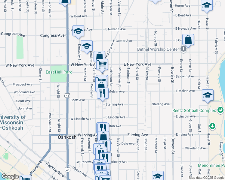 map of restaurants, bars, coffee shops, grocery stores, and more near 1010 Jefferson Street in Oshkosh