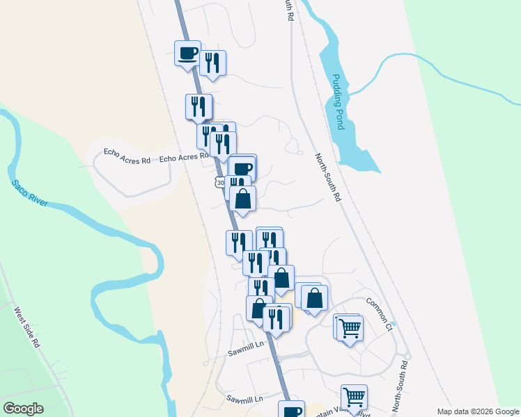map of restaurants, bars, coffee shops, grocery stores, and more near 86 Village Way in Conway