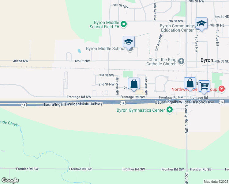 map of restaurants, bars, coffee shops, grocery stores, and more near 801 Frontage Road Northwest in Byron