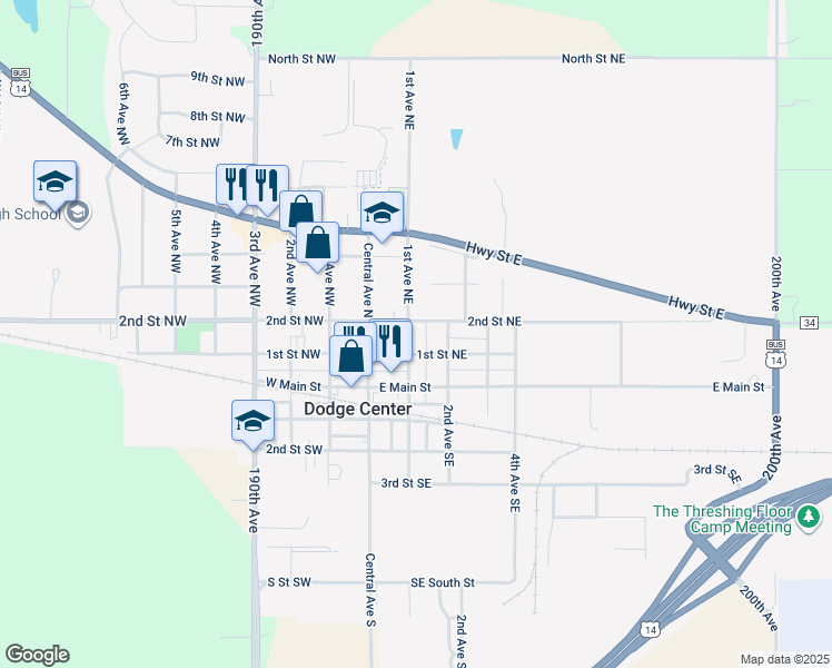 map of restaurants, bars, coffee shops, grocery stores, and more near 106 1st Avenue Northeast in Dodge Center