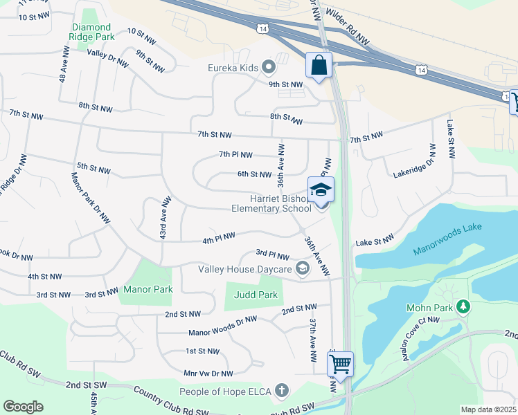 map of restaurants, bars, coffee shops, grocery stores, and more near 3905 5th Street Northwest in Rochester