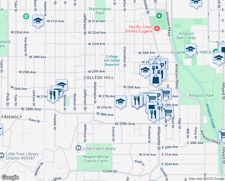 map of restaurants, bars, coffee shops, grocery stores, and more near 2640 Lincoln Street in Eugene