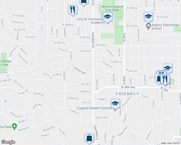 map of restaurants, bars, coffee shops, grocery stores, and more near 2660 Chambers Street in Eugene