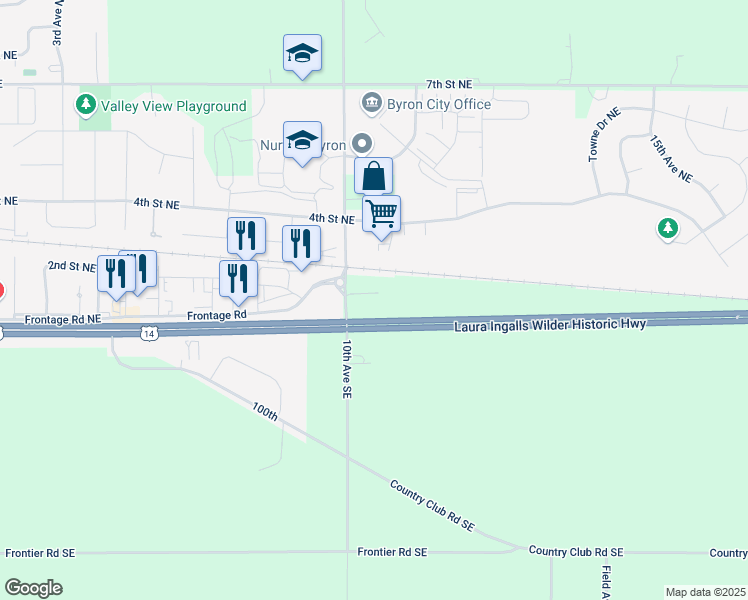 map of restaurants, bars, coffee shops, grocery stores, and more near 1042 1st Street Northeast in Byron