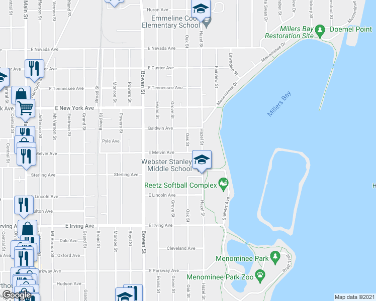 map of restaurants, bars, coffee shops, grocery stores, and more near Oak Street in Oshkosh