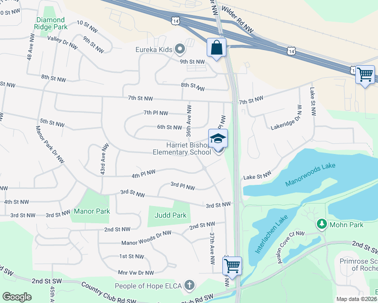 map of restaurants, bars, coffee shops, grocery stores, and more near 3625 5th Street Northwest in Rochester