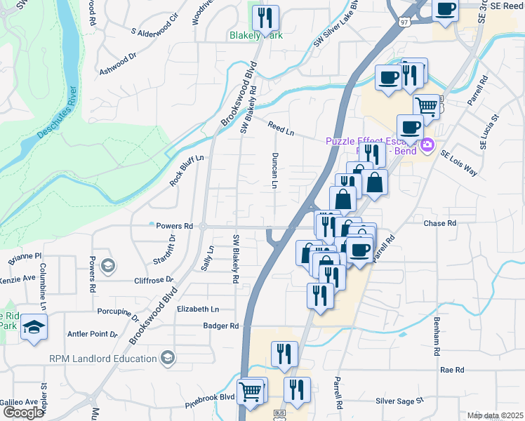 map of restaurants, bars, coffee shops, grocery stores, and more near 20125 Cirrus Court in Bend