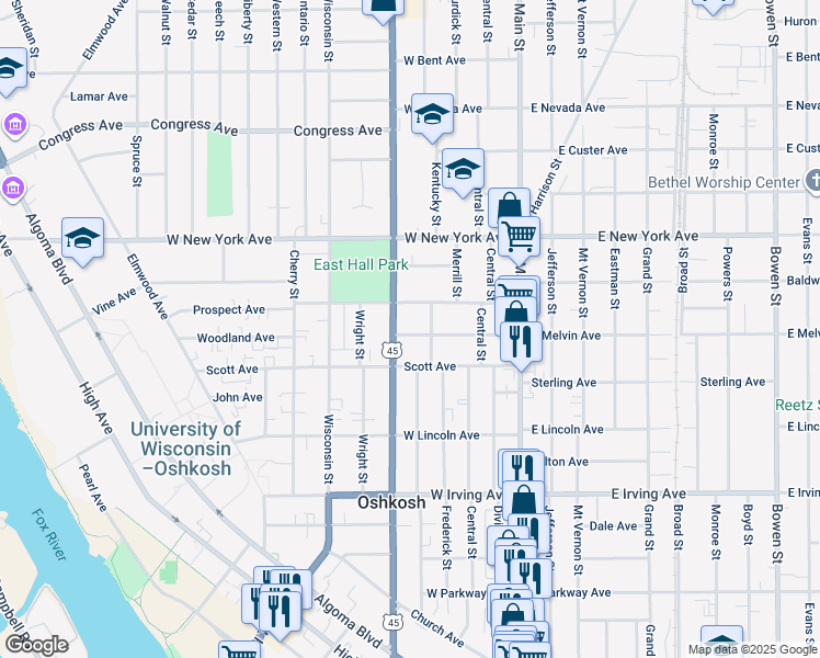 map of restaurants, bars, coffee shops, grocery stores, and more near 320 West Melvin Avenue in Oshkosh