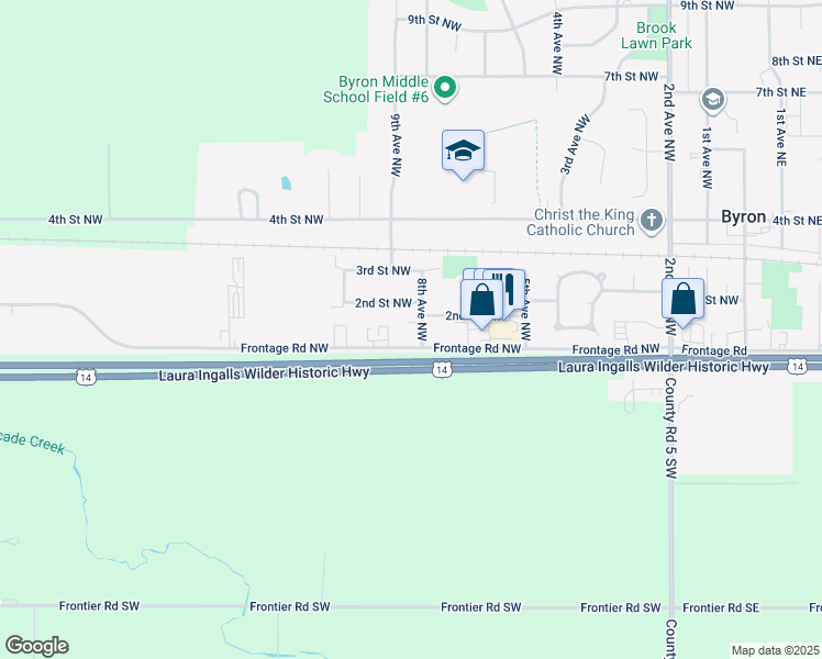 map of restaurants, bars, coffee shops, grocery stores, and more near 801 Frontage Road Northwest in Byron