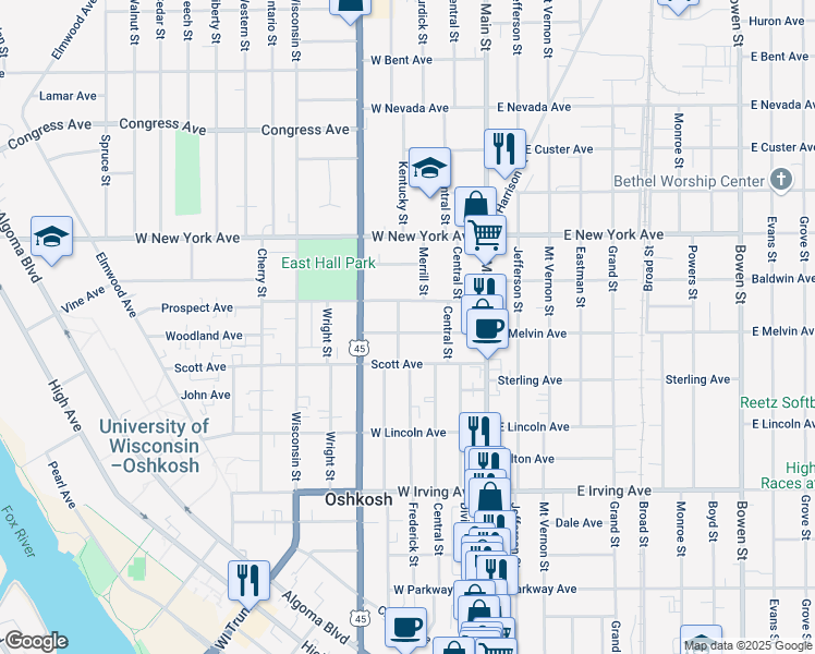map of restaurants, bars, coffee shops, grocery stores, and more near 214 West Melvin Avenue in Oshkosh