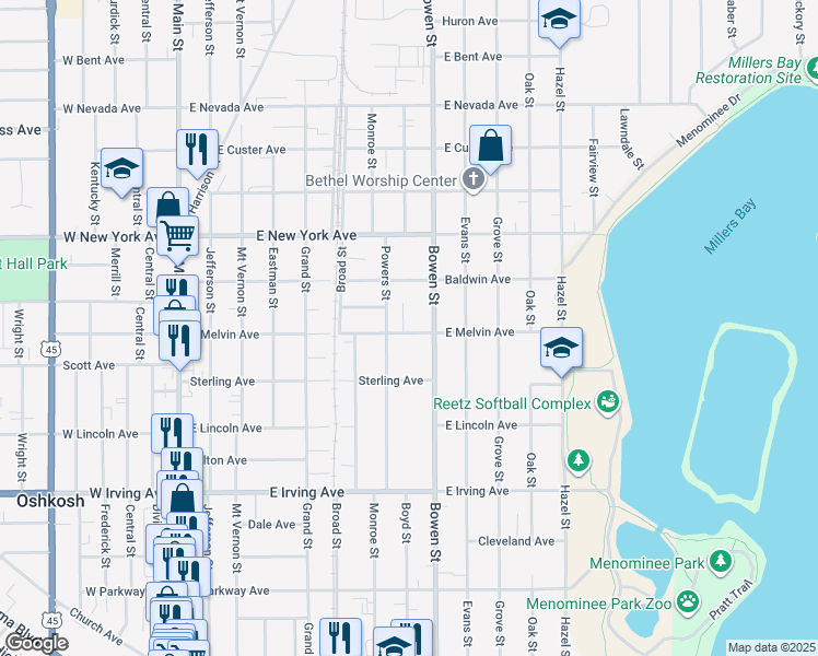 map of restaurants, bars, coffee shops, grocery stores, and more near 1014 Bong Court in Oshkosh