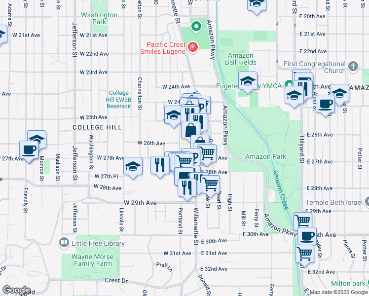 map of restaurants, bars, coffee shops, grocery stores, and more near 2633 Portland Street in Eugene