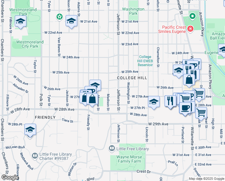 map of restaurants, bars, coffee shops, grocery stores, and more near 660 West 26th Avenue in Eugene