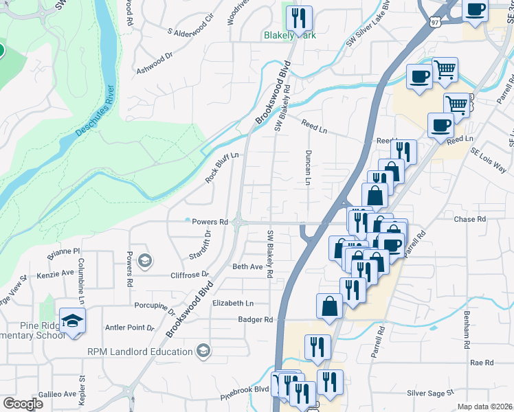 map of restaurants, bars, coffee shops, grocery stores, and more near 61398 Sunbrook Drive in Bend