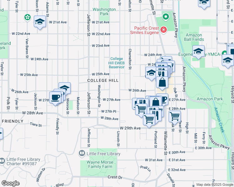 map of restaurants, bars, coffee shops, grocery stores, and more near 2640 Lincoln Street in Eugene