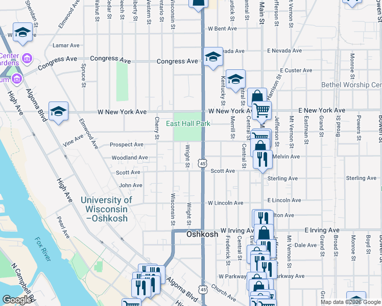 map of restaurants, bars, coffee shops, grocery stores, and more near 928 Wright Street in Oshkosh