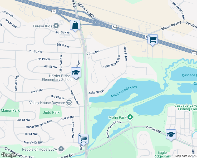 map of restaurants, bars, coffee shops, grocery stores, and more near 694 Panorama Circle Northwest in Rochester